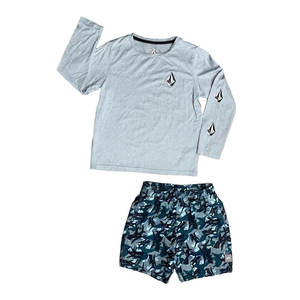 VANS Teal Black Shark Print Swim Trunks VOLCOM Gray Rash Guard Boys